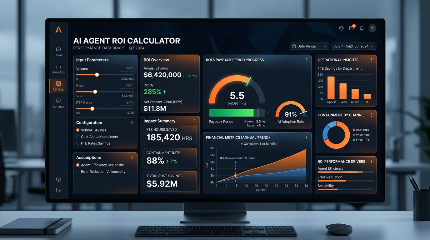 AI Agent ROI Calculator dashboard showing payback period and FTE hours saved