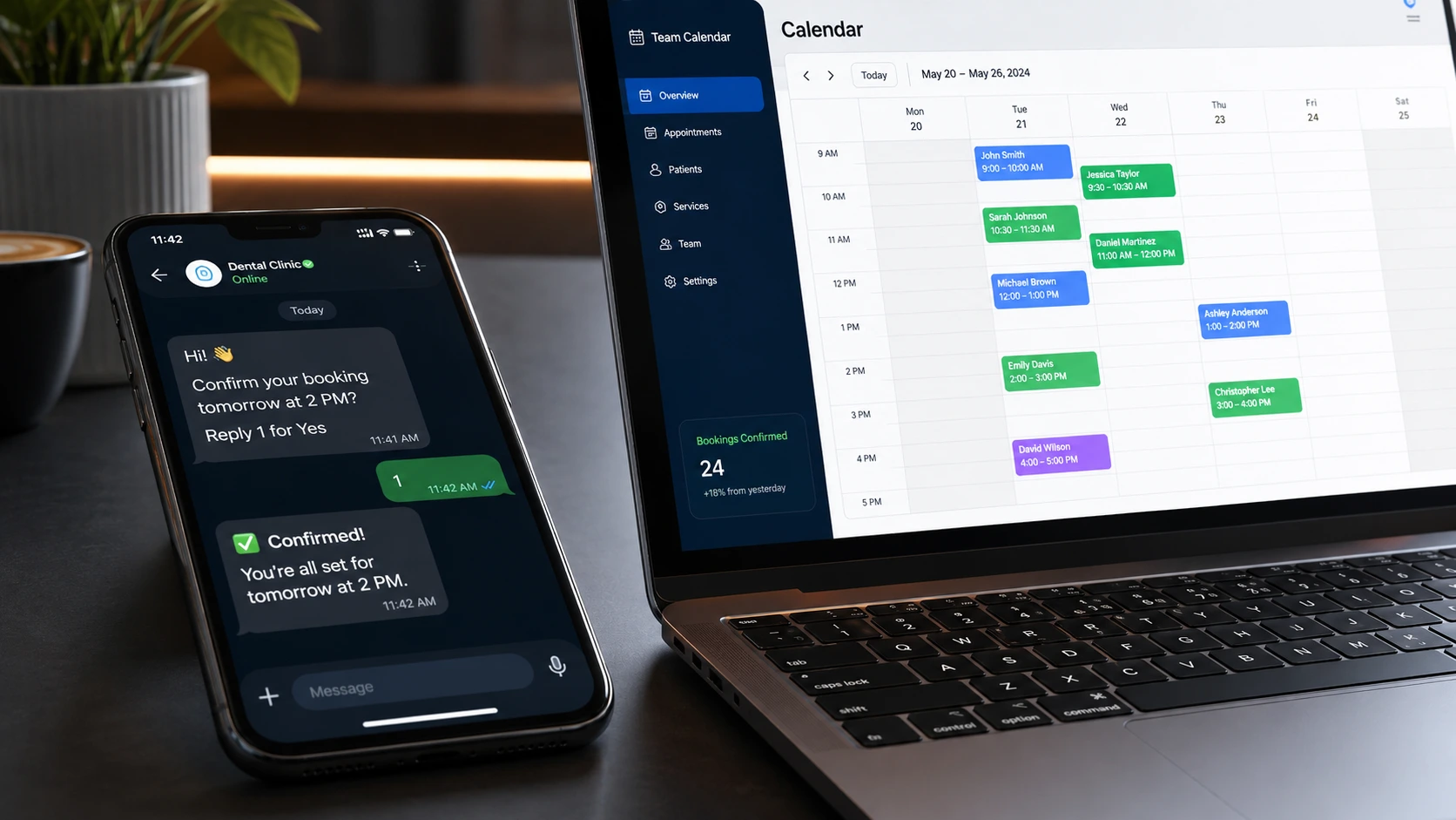Automated appointment reminders workflow showing user confirmation chat interface and updated scheduling board