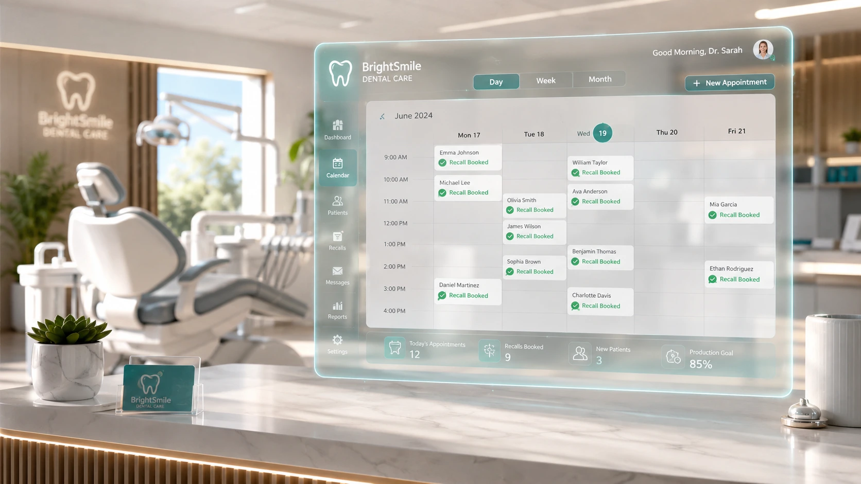 Dental AI smart scheduling system dashboard showing calendar automation and hygiene recall slots