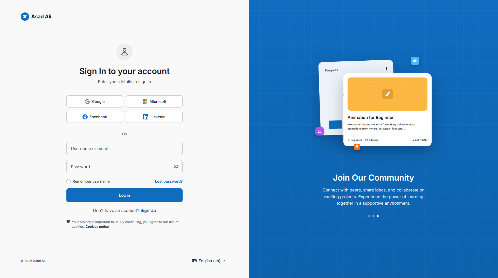 Logini theme login page for Moodle showing a modern authentication design with social login buttons