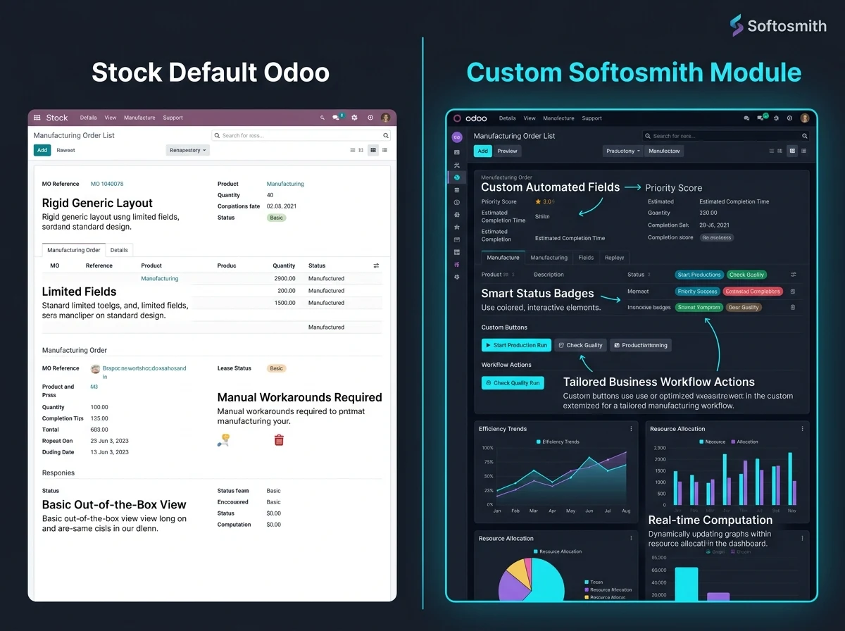 Custom Odoo module before and after comparison showing tailored automated workflow actions
