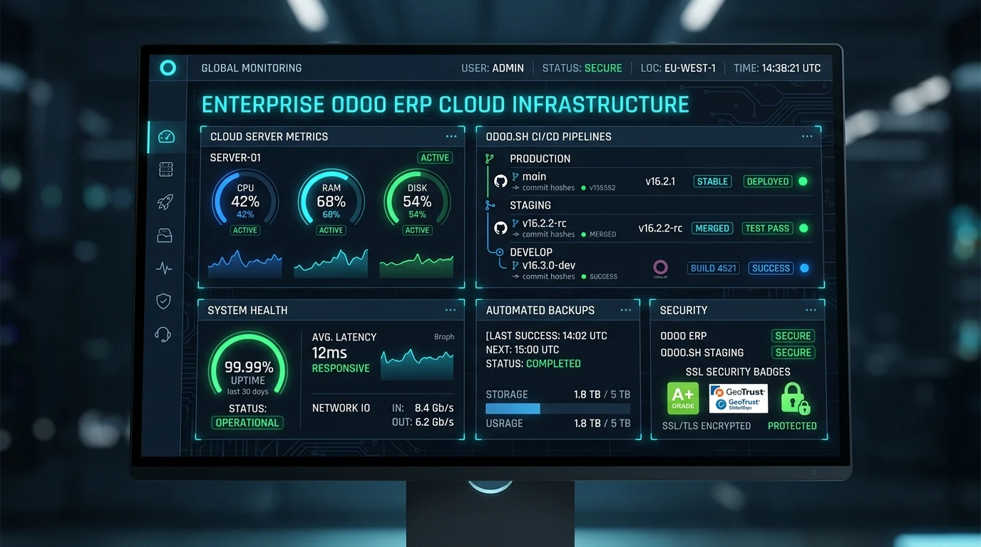 Managed Odoo cloud hosting infrastructure monitoring dashboard showing 99.99% uptime and CI/CD pipelines