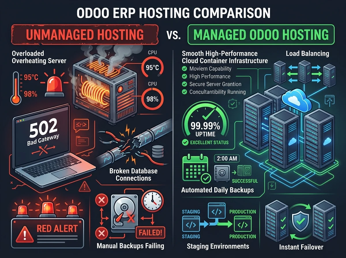 Managed Odoo hosting before and after comparison showing high performance cloud container infrastructure