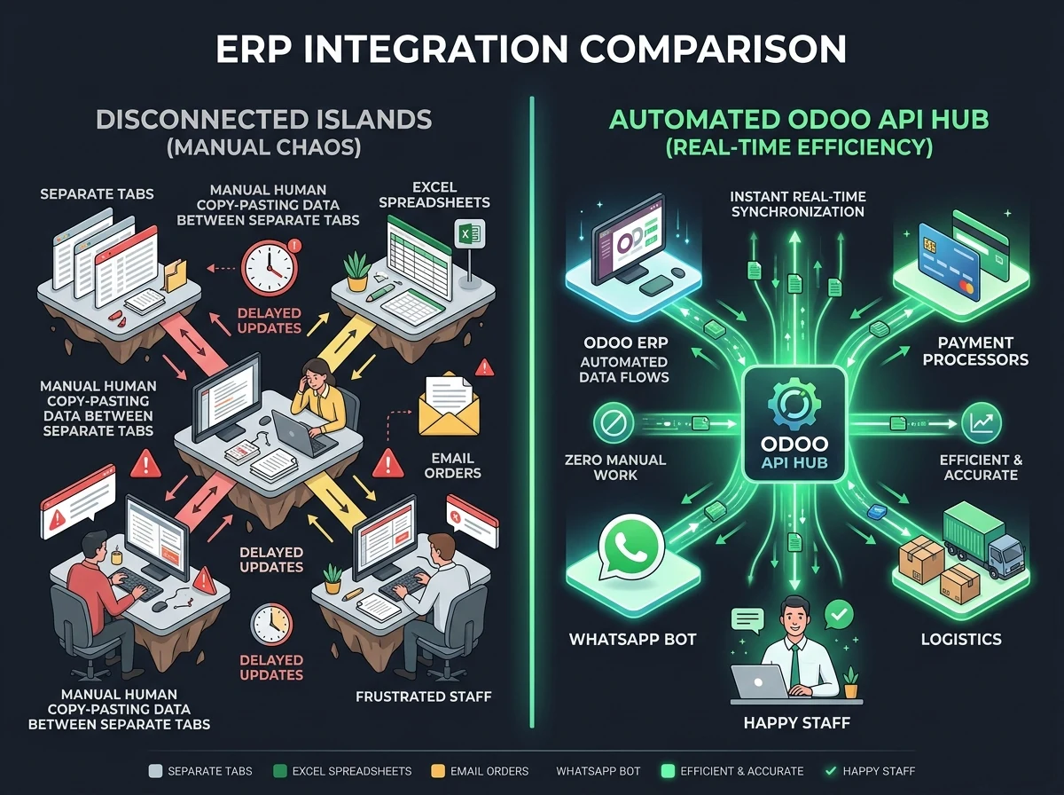 Odoo ERP integration before and after comparison showing real-time automated API sync