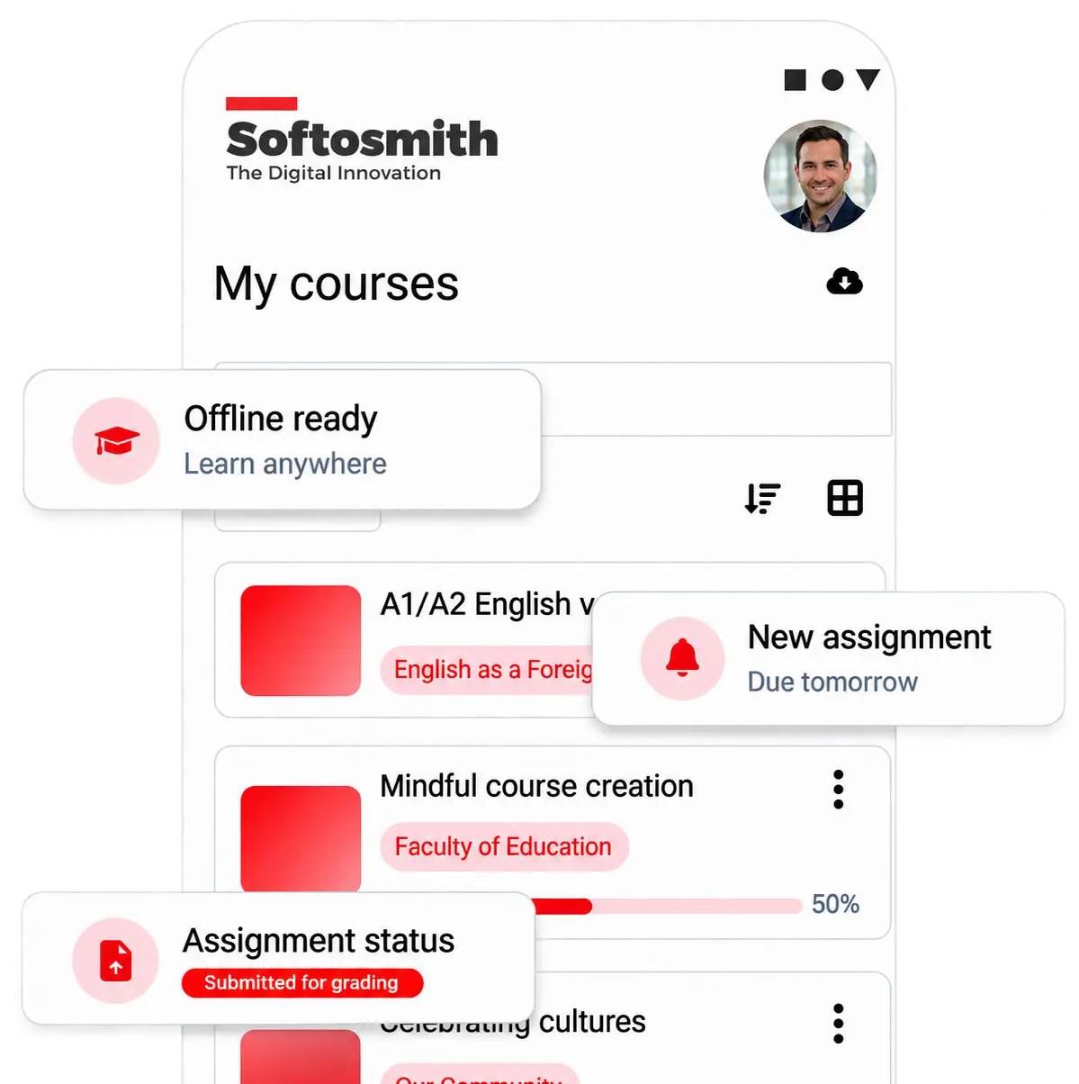 Branded Moodle mobile app showing push notifications and offline course access