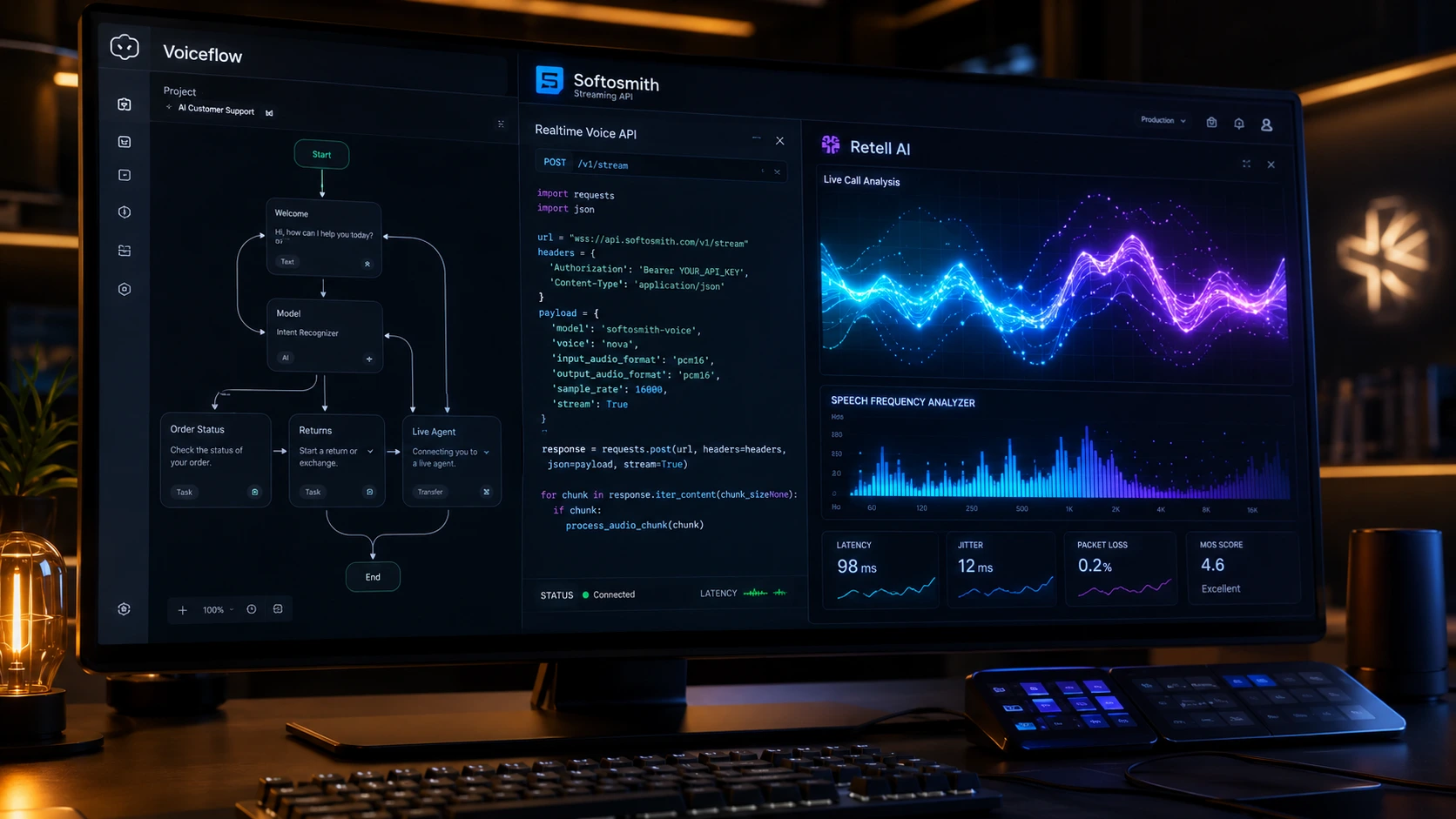 Comparison dashboard of AI voice agent development tools featuring Retell AI speed engine, Voiceflow flowcharts, and Softosmith systems